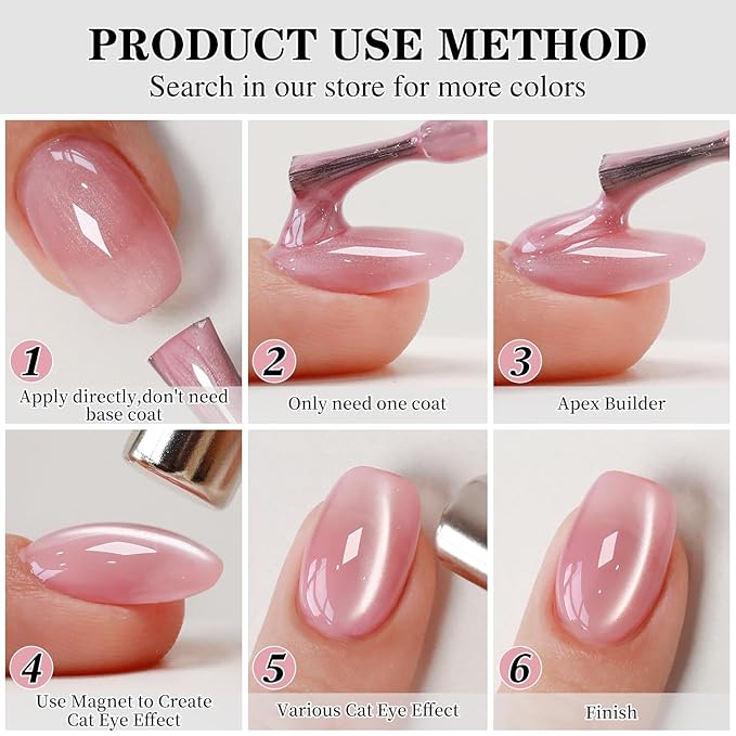 Double Rhythm 0.5 OZ Cat Eye Gel Polish with Magnet 15ML Holographic Glitter Shimmer Translucent Jelly Color Magnetic Polish Salon DIY at Home (Pink Builder-MC1202)