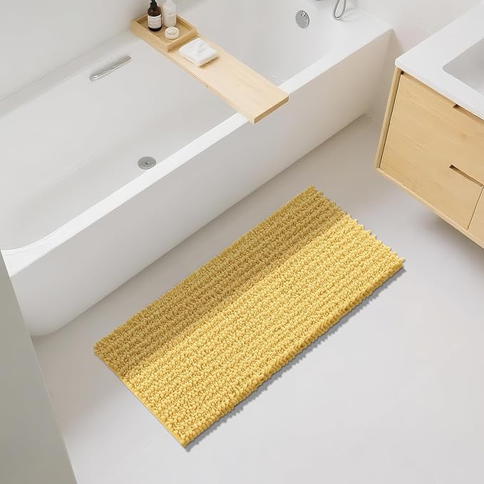 Yimobra Long Bathroom Rugs Non Slip Washable 44x24 Inch - Ultra Soft Absorbent Chenille Bath Mat, Quick Dry Shaggy Floor Carpet for Tub Shower, Yellow Home Decor Accessories