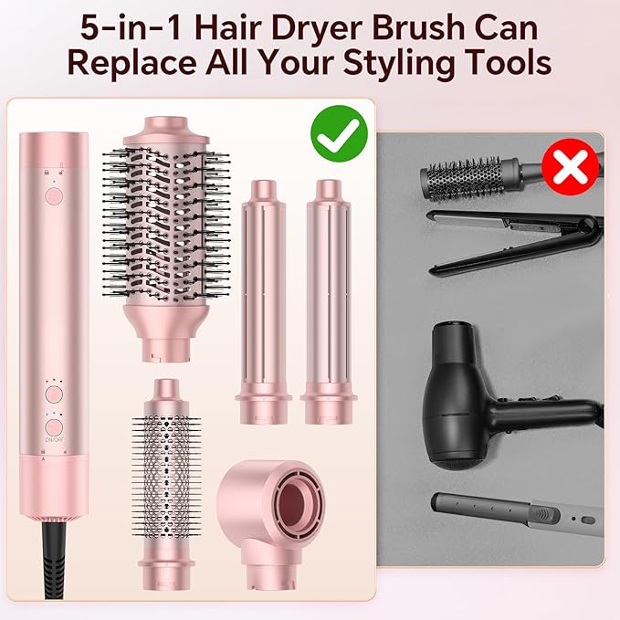 5 in 1 Hot Air Styler, Hair Dryer Brush with Auto Wrap Curler, 110,000 RPM High-Speed Blow Dryer Styler, Frizz-Free Styling for All Hair Types-Straight, Wavy & Curly, No Heat Damage, 1200W