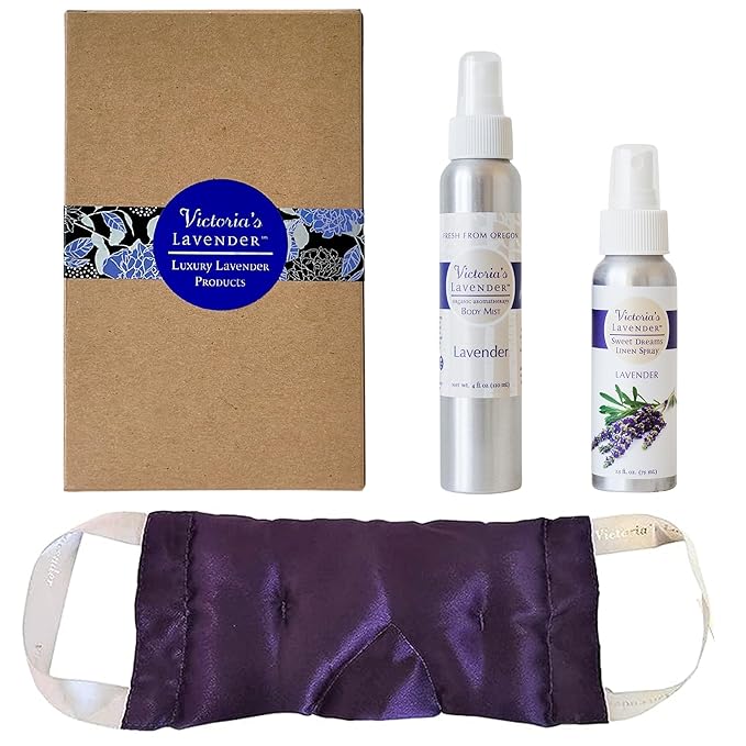 Victoria's Lavender Luxury Aromatherapy Eye Mask, Body Mist 4 oz, Pillow & Linen Spray 2.5 oz with Lavender Essential Oil, Made in the USA Gift Set Ideal for Lavender Lovers - (Set of 3)