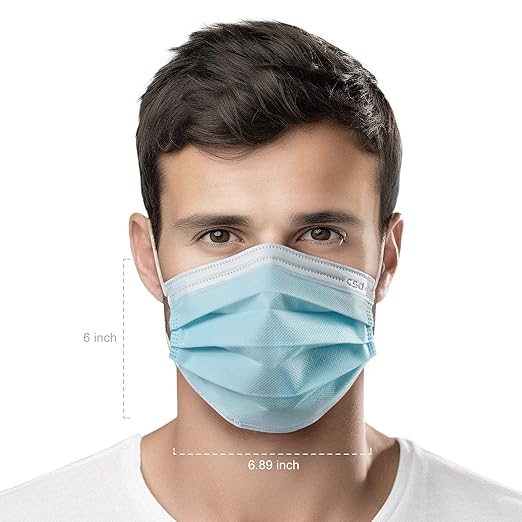 CSD Colo 50 Pcs ASTM Level 1 Disposable Face Masks, 3 Ply Adult Mask with Elastic Ear Loop, Nose Bridge Clip, Breathable Comfortable Mask Great for Indoor, Outdoors Use (Blue)