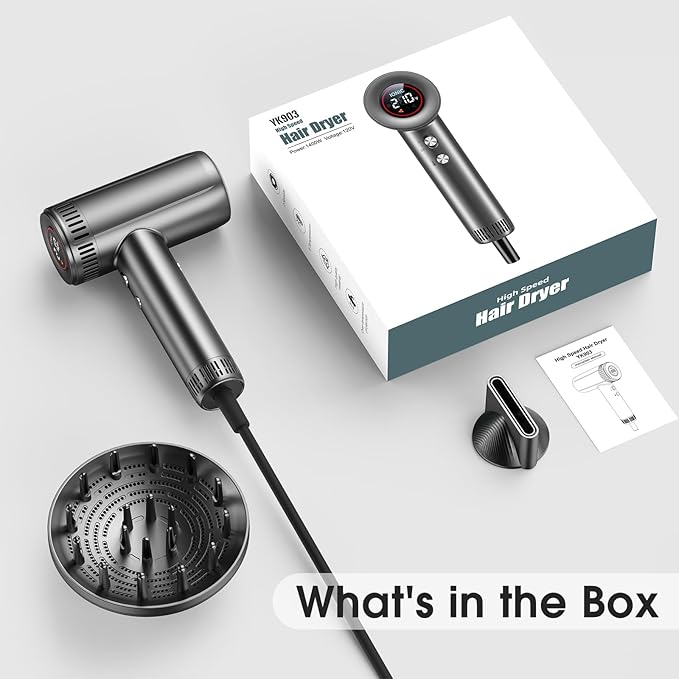 Hair Dryer with Magnetic Diffuser Attachments, Professional High Speed Ionic Blow Dryer for Fast Drying,9 Heat & 2 Speed Settings,Auto Clean and Cool Shot,Compact Hair Blow Dryer for Travel,Salon,Home