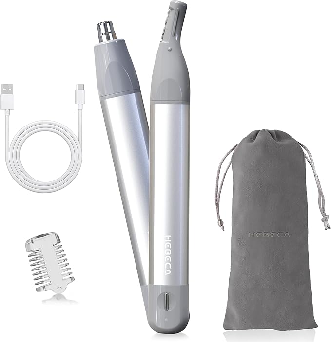 Nose Hair Trimmer for Men & Women - 2in1 Rechargeable Ear and Nasal Hair Trimmer, Waterproof Nose Clipper, Electric Eyebrow Trimmer & Facial Hair Remover Grooming Set (Silver Grey)