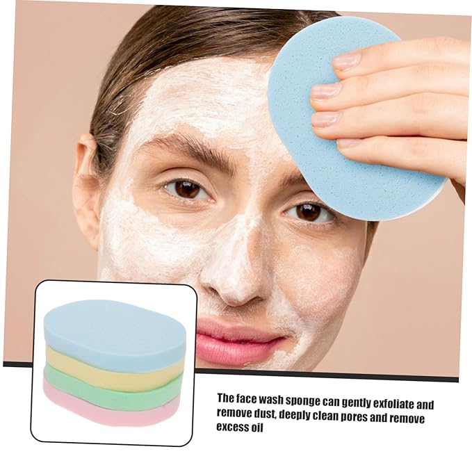 minkissy 4pcs Oval Face Cleaning Sponges for Gentle Exfoliation and Makeup Removal Soft Cleansing Pads Green Blue Pink Yellow for Daily Facial Care