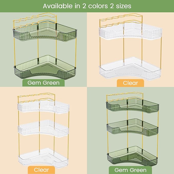 NATURE'S SOURCE Makeup Organizer for Vanity, 2-Tier Corner Bathroom Organizer Countertop with Makeup Brush Holder, Corner Counter Storage for Bathroom Dresser- Green