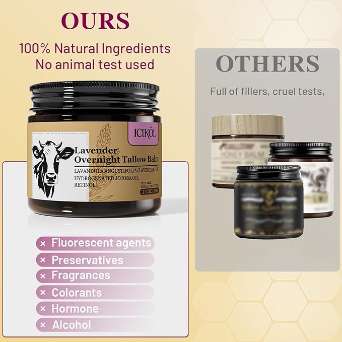 Organic Beef Tallow Honey Balm, Handmade Moisturizer Beef Tallow for Face and Body, Grass Fed Beef Tallow for Dry Skin, Pure Natural Cream with Lavender Scented, 2.1oz