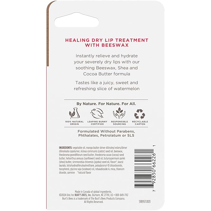 Burt's Bees Stocking Stuffers, Rescue Lip Relief, Watermelon, Hydrating Lip Balm for Dry Cracked Lips, with Responsbily Sourced Beeswax and Shea Butter, 100% Natural Origin, 1 Squeezy Tube, 0.35oz