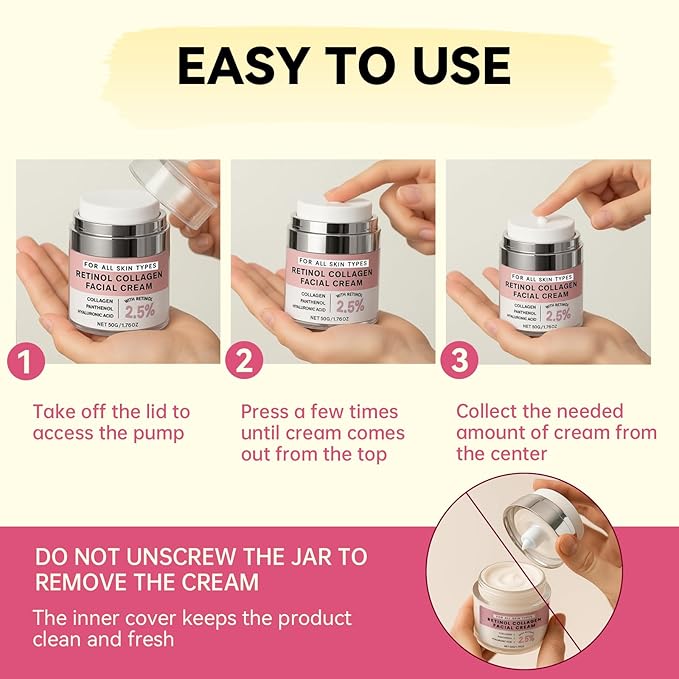 Retinol Moisturizer Cream with Hyaluronic Acid, Women Anti-age Cream, Beauty Hydrating Moisturizer for Wrinkle, Repair Dark Spots, Skin Tightening and Collagen Production, All Kinds of Skin, 1.76 oz