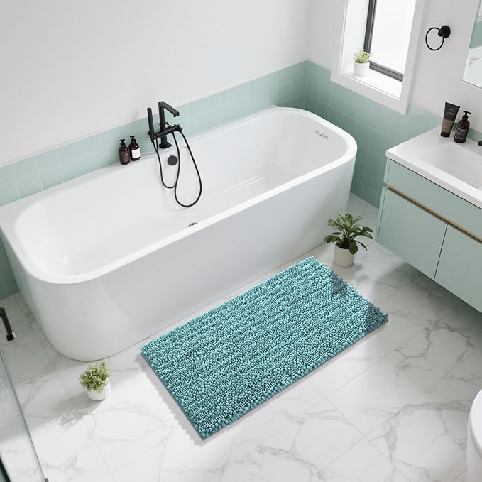 Yimobra Long Bathroom Rugs Non Slip Washable 44x24 Inch - Ultra Soft Absorbent Chenille Bath Mat, Quick Dry Shaggy Floor Carpet for Tub Shower, Teal Blue Home Decor Accessories
