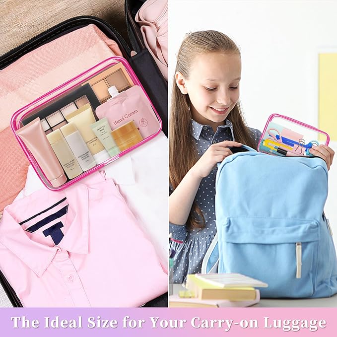 TISRATOK 12 PCS Clear Makeup Bag for Women with Zipper, TSA Approved Toiletry Pouch, Cosmetic Bag Bulk for Travel Organizer Essentials - Rose Red, Large