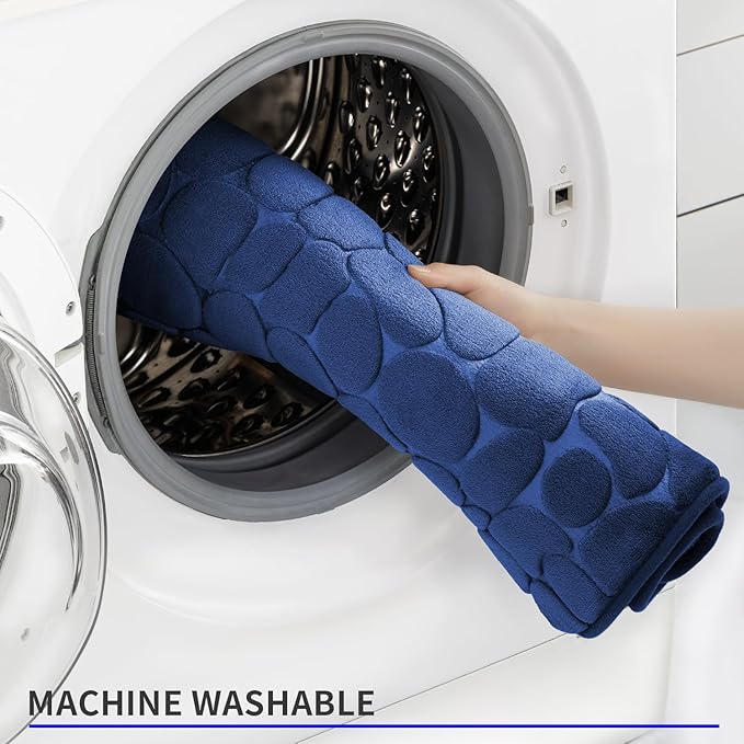 YIHOUSE Memory Foam Bath Mat Cobblestone Bathroom Rugs Super Water Absorbent Bath Mats for Bathroom Machine Washable Bath Rugs(20 x 24,Dark Blue)