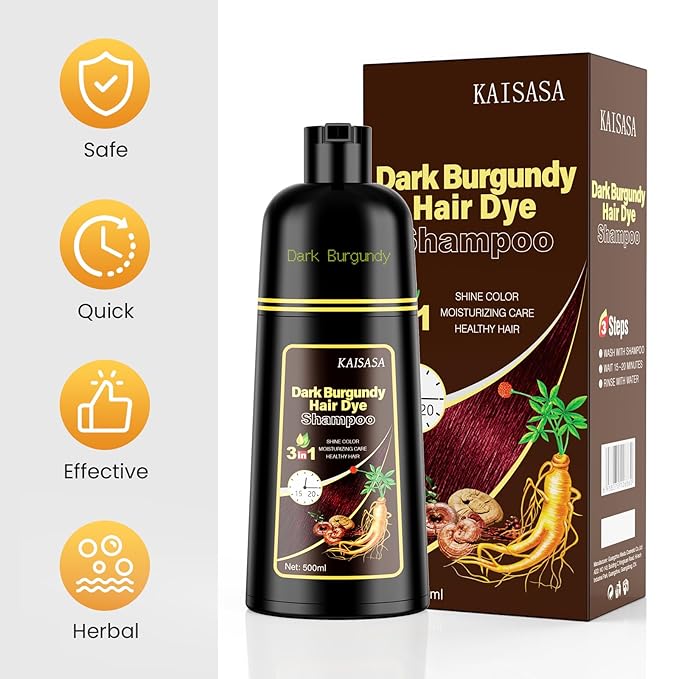 Hair Dye Shampoo 3 in 1, Hair Color Shampoo for Women and Men, Hair Dye to Gray Hair, Herbal Ingredient Shampoos for Hair Coverage 500ml (Dark Burgundy)
