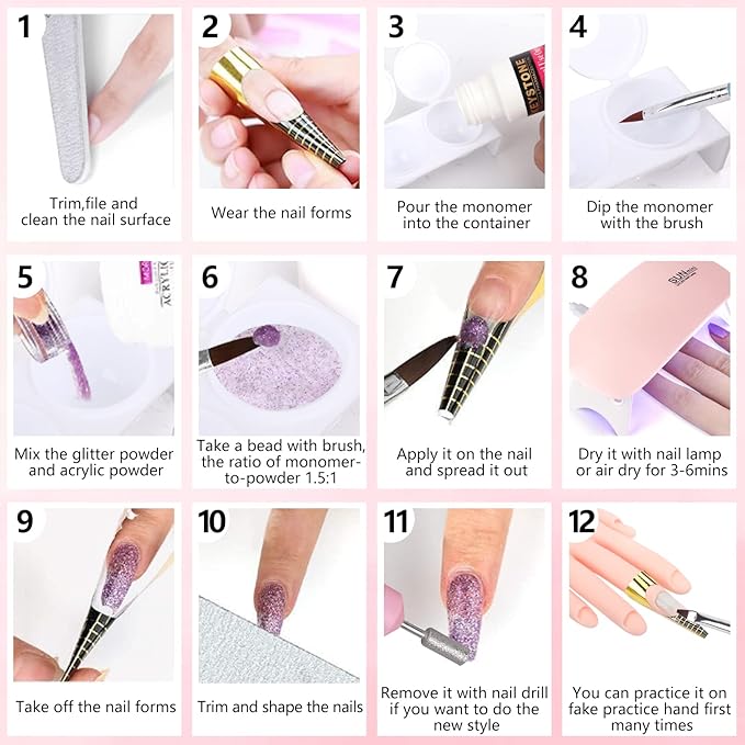 Nail Practice Hand for Acrylic Nails, Flexible Nail Hand Practice Training Kits, Rubber Fake Nail Hand to Practice Fake Nails with Nail Drill, Nail Dryer Lamp, 12 Colors Acrylic Powder Beginners Kit