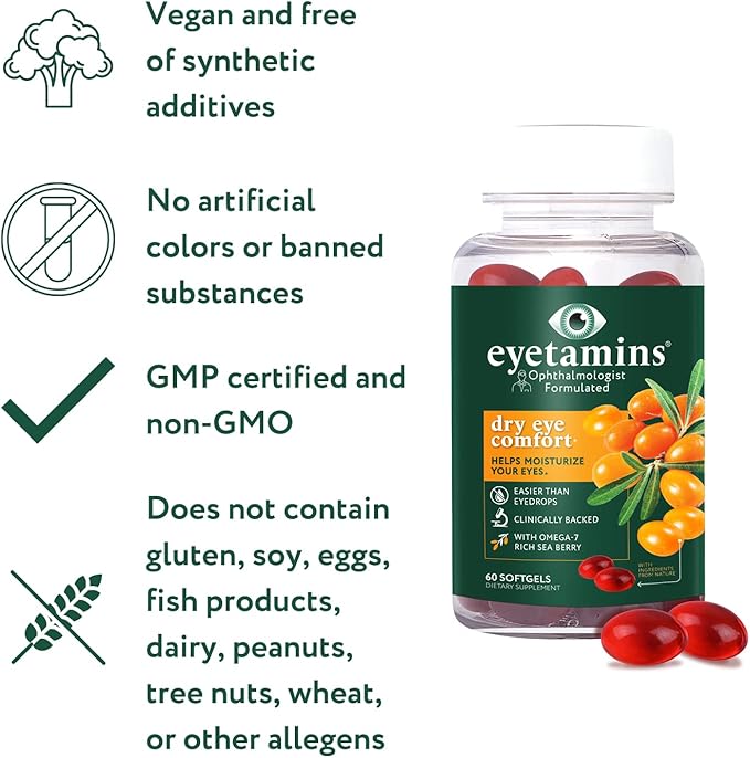 eyetamins Dry Eye Comfort - 60 Softgels - Ophthalmologist - Formulated, Natural - Himalayan Sea Buckthorn Oil - Vegan and Non-GMO Formula