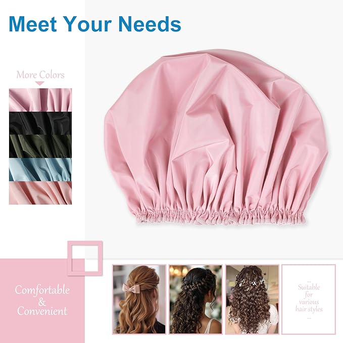 Shower Cap for Women, Double Layer Waterproof Bath Cap, Reusable Hair Protector, Large Waterproof Shower Bonnet Washable Elastic Band Bath Hair Hat for Long Hair, Braids, - Pink