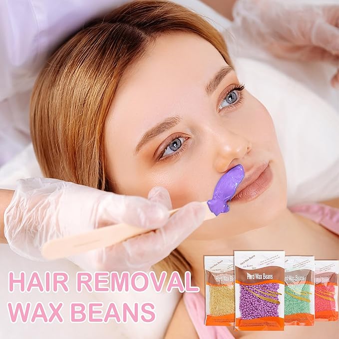 4 Packs Hard Wax Beads for Hair Removal,Gentle Waxing Beads for Full Body,Face,Underarm,Bikini and Legs,Long Lasting Hair Removal Waxing Kit with 10 Wax Scraper Sticks
