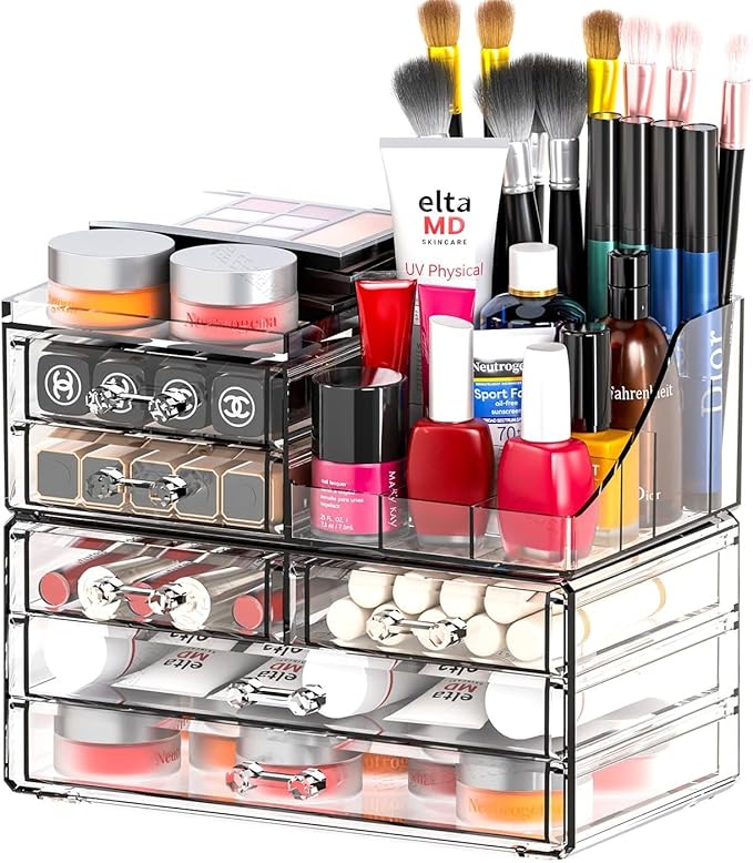 SUOXING Clear Acrylic Makeup Organizer for Vanity,Bathroom,Dresser,6 Drawer Cute Make up Organizers for Counter,Plastic Countertop Makeup Storage for Beauty,Jewelry,Brush,Cosmetic,Skin Care Organizer