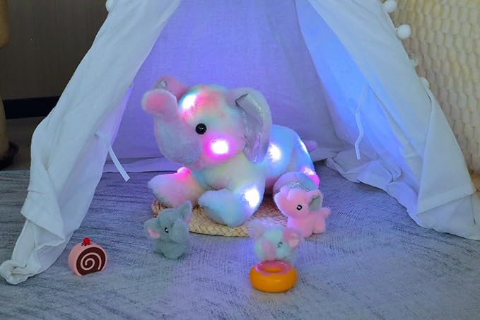 Hopearl LED Musical Stuffed Colorful Elephant Light up Singing Plush Toy Playset Mommy Elephant with 3 Baby Elephish in her Tummy Adjustable Volume Lullaby Animated Soothe Gifts for Kids, 18''