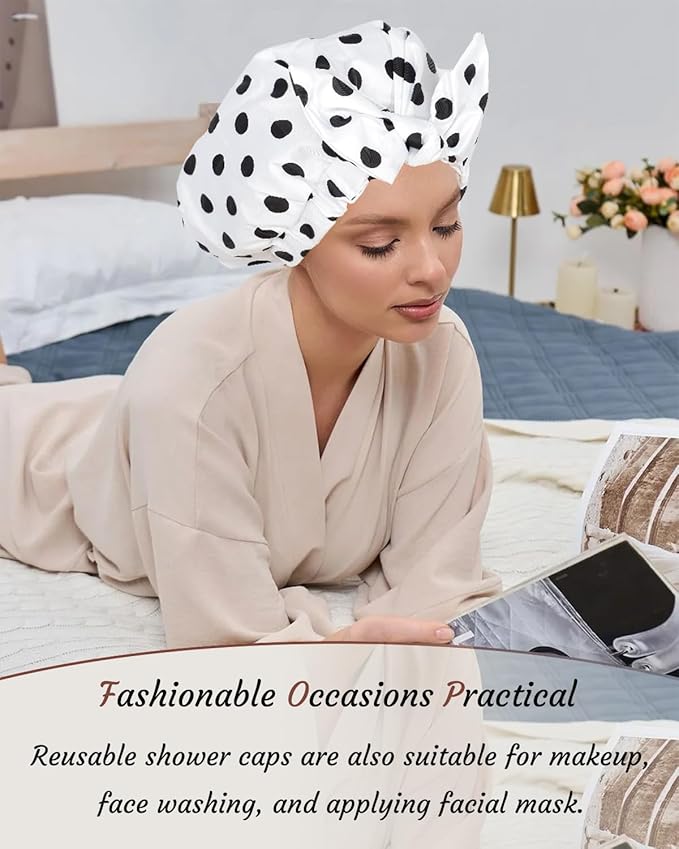 2Pcs Shower Caps for Women Shower Cap Reusable Waterproof Hair Cap for Shower with Adjustable Bowknot Luxury Bath Cap for Women (Black Dot & Pink Dot)