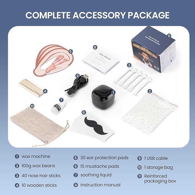 Nose Wax Kit Men, Nose Ear Hair Waxing Kit with 100g Wax, 40 Sticks, Nose Ear Hair Removal Kit, USB Fast Heat, Smart Constant Temp, Upgraded Size, Multi-Accessories, Black