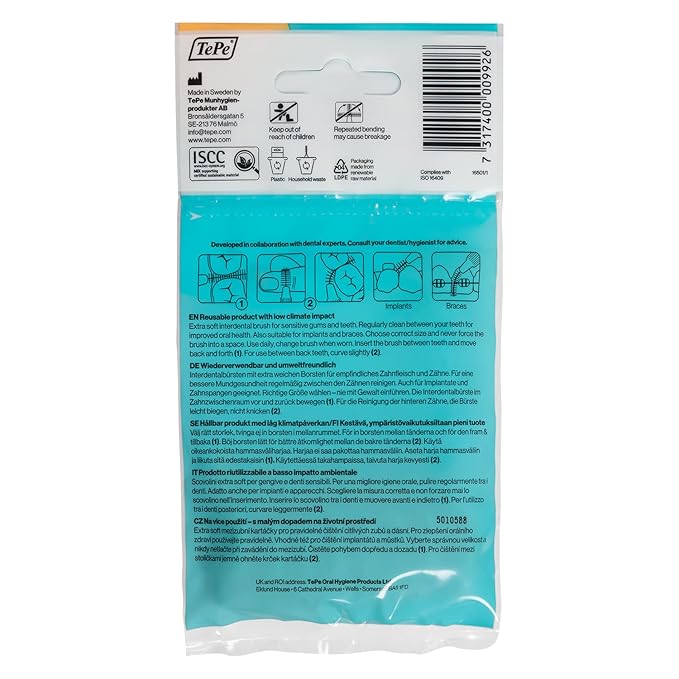 TePe Interdental Brush Extra Soft, Supersoft Dental Brush for Teeth Cleaning, Pack of 8, 0.45 mm, Extra-Small/Small Gaps, Orange, Size 1