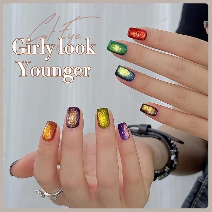 Double Rhythm Cat Eye Gel Nail Polish Set of 6 Same Color Same Bottle 0.5 Oz Shimmer Glitter with Magnet Holographic Reflective Magnetic UV Polish Kit (Golden Black Brown Red Blue Green-T6-33)