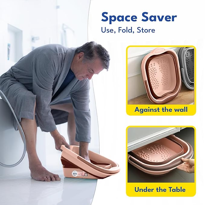 AWA Foot Soaking Tub, Collapsible Foot Bath Soak Tub for Soaking Feet, Pedicure Bowl, Plastic Feet Soaking Tub with Acupressure Massage Points, Foldable Laundry Basket (Pink Foot Tub)