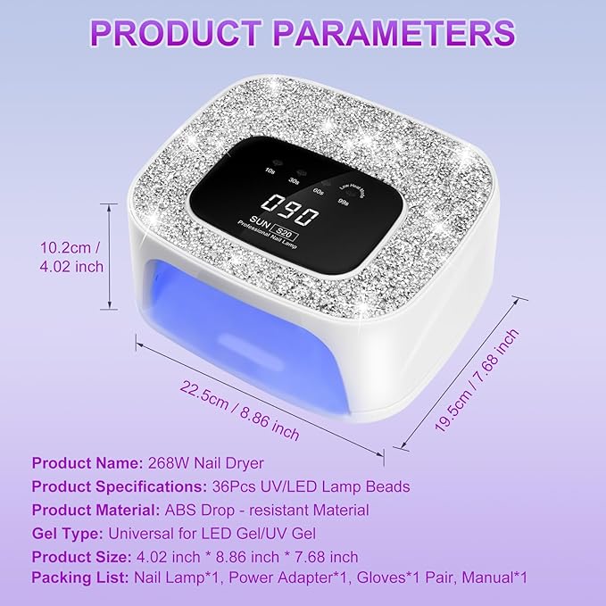 UV LED Nail Lamp Dryers & Gloves 268W Diamond UV Light for Gel Nails Polish,Fast Curing Colored Poly Builder Gel Lamp with Sensor 4 Timer Touch Screen 36 LED,Professional Manicure Pedicure Art Tools