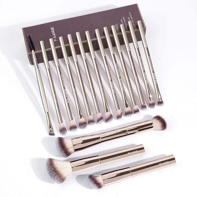 MAANGE Makeup Brushes 16 Pcs Premium Synthetic Makeup Brush Set Foundation Brush for Liquid Powder Concealer Precision Eyeshadows Blending (Gold)