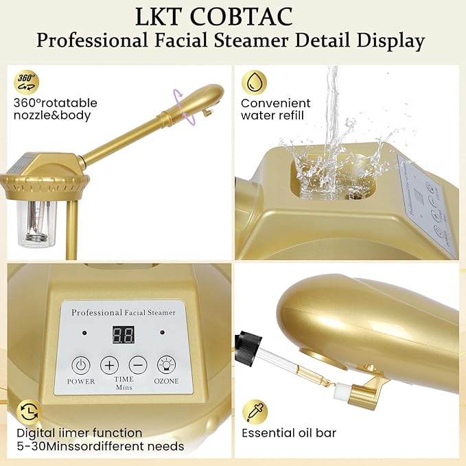 Professional Facial Steamer on Wheels,Gold Ozone Steamer for Face with 30-Minutes Timer,Spa Face Steamer for Deep Facial Cleansing