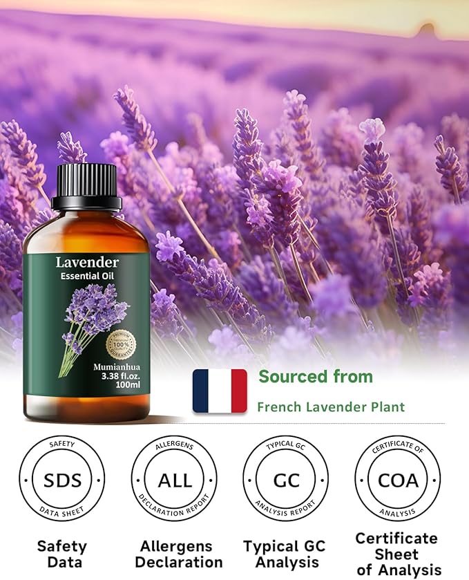 Pure Lavender Essential Oil, Mumianhua Natural Lavender Oil for Reed Diffuser, Laundry, Skin, Hair, Soap, Candles Making, Relaxation,Calming Rituals, Evening Wind-Down, Outdoor Fresh Air 3.38 Fl Oz