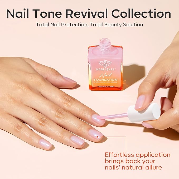 modelones Nail Strengthener, Glitter Clear Nail Natural Concealer Foundation Polish Air Dry Nail Growth Polish for Damaged Nails Imperfection Masking Gifts for Women 15ml