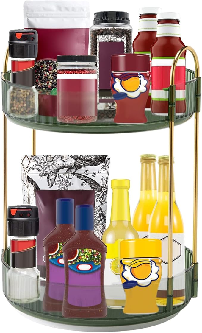 360° Rotating Makeup Organizer, Bathroom Make Up Spinning Holder Rack, Large Capacity Cosmetics Storage Vanity Shelf Countertop, Fits Cosmetics, Perfume, Skincare, Lipsticks(2 Tiers, Green)