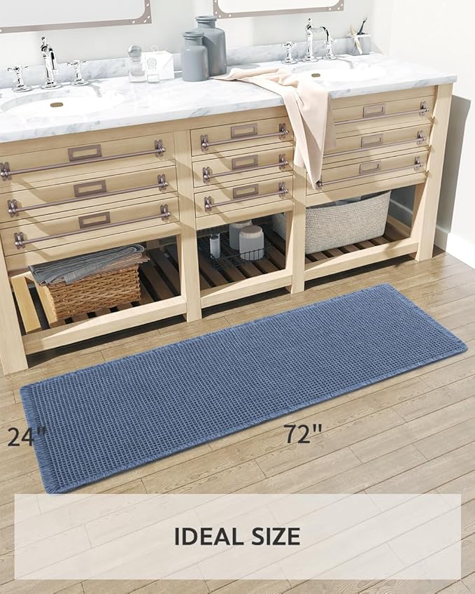 tchdio Waffle Bath Runner Rug, Super Absorbent Non Slip Bath Mats for Bathroom Machine Washable Long Rugs with Tassels, Bath Rugs for Bathroom Floor Beside Tub, 2' x 6'(24" x 72"), Blue