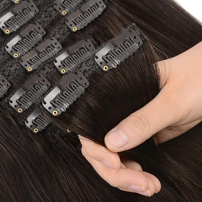 14 Inch Clip in Hair Extensions Real Human Hair 110g 7 Pieces 16 Clips Dark Brown #2 Double Weft Human Hair Clip In Extensions Silky Straight Thick Hair Extensions Clip Ins