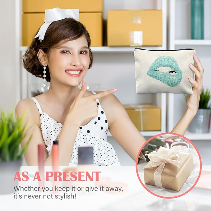 Trendy Teal Makeup Bag for Women, Turquoise Glitter Lip Bite Modern Aesthetic Cosmetic Bag for Purse, Preppy Girly Makeup Zipper Pouch