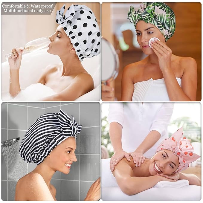 Shower Cap Luxury Shower Caps for Women Reusable Waterproof Hair Cap for Shower with Adjustable Bowknot Hair Bath Cap (Black Stripe)