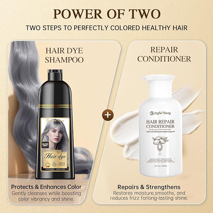 Natural Color Hair Dye Shampoo 3 IN 1, Instant Hair Coloring, Gray Coverage for Men & Women, Beard Dye Vegan Ammonia Free & Paraben-Free, Champú Para Canas Mujer & Hombre (SILVER GRAY)