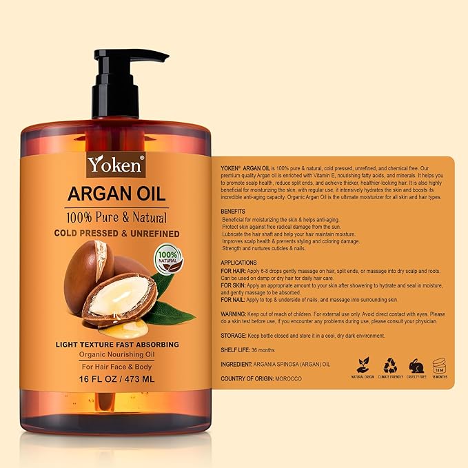 Argan Oil for Hair, Pure and Natural Morocco Argan Oil, Argon Oil For Hair, Scalp, Face & Skin Care, 100% Cold Pressed Hair Conditioner, Unrefined Argon Nails Carrier Oil (16 Fl Oz)