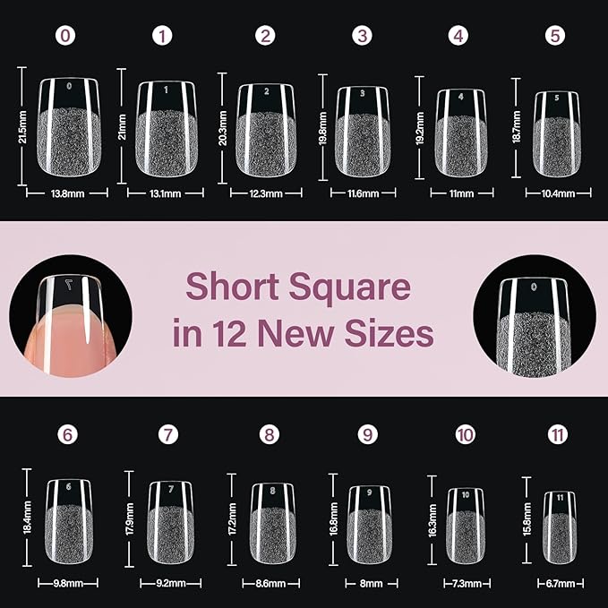 Misssix Short Square Gel Nail Tips Kit, 216Pcs Pre Etched Clear gel x Fake Nails, Full Cover False Nail 9-in-1 Gel Glue and Portable Mini U V Nail Lamp for Women 12 Sizes