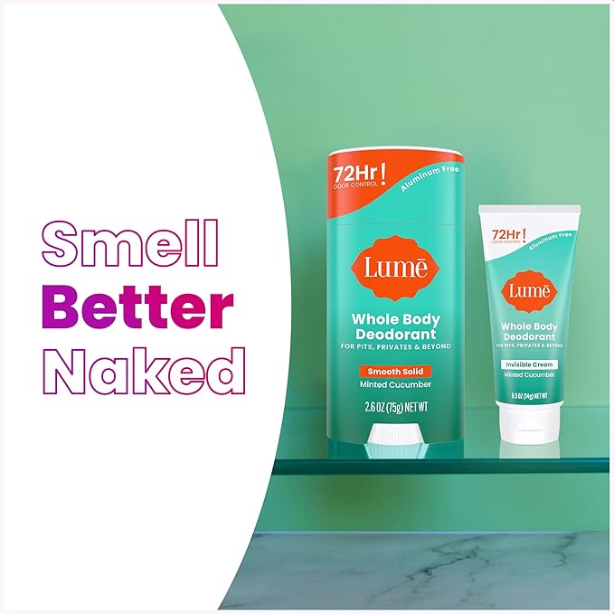 Lume Whole Body Deodorant - Invisible Cream Tube Mini and Solid Stick - 72 Hour Odor Control - Aluminum Free, Baking Soda Free, Skin Safe - 0.5 Oz Mini Tube + 2.6 Oz Solid Stick (Minted Cucumber)