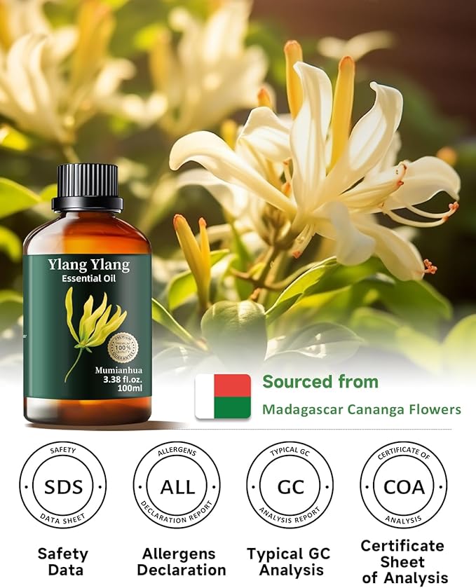 Mumianhua 100% Pure Ylang Ylang Essential Oil Natural Ylang Ylang Oil for Diffuser, Perfumes, Aromatherapy, DIY,Skin, Hair, Candle, Soap Making 3.38 Fl Oz