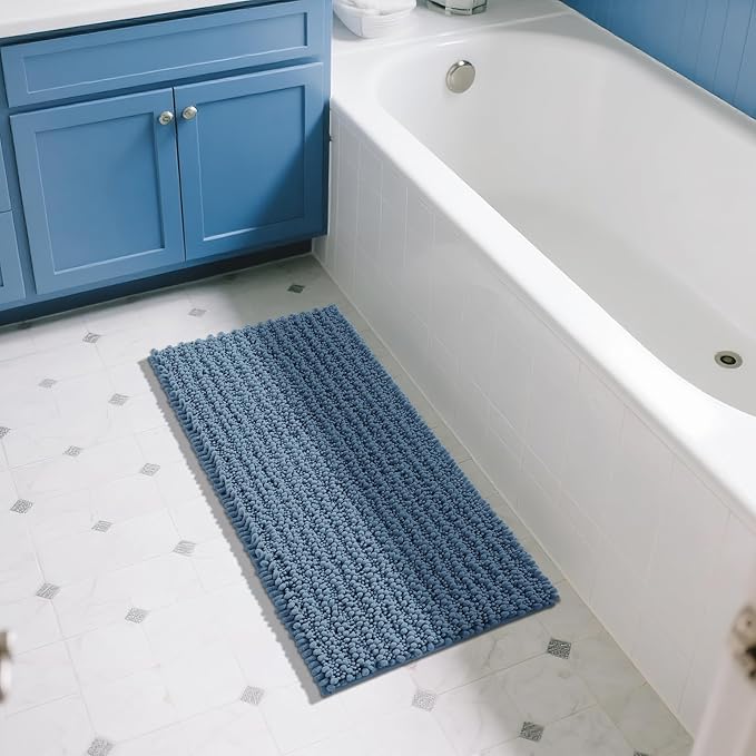 Yimobra Long Bathroom Rugs Non Slip Washable 44x24 Inch - Ultra Soft Absorbent Chenille Bath Mat, Quick Dry Shaggy Floor Carpet for Tub Shower, Denim Blue Home Decor Accessories