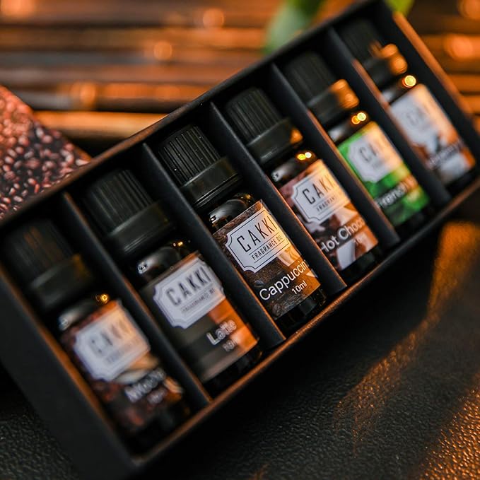 Coffee Essential Oils Set for Diffuser, 6 x10ml, Cakki Fragrance Oils Gift Set with Mocha, Latte, Cappuccino, Hot Chocolate, Vanilla, Oatmeal Latte. for Candle Making