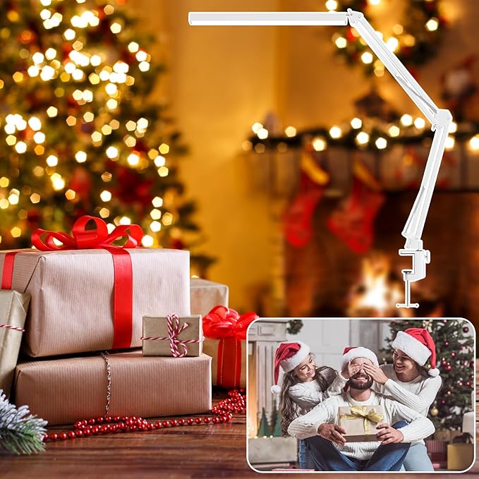 LED Desk Lamp, Manicure Table Lamp, 16" Lamp Head, Dimmable Eye-Caring Drafting Light with 3 Color Modes, 10 Brightness Levels & Adapter, Memory Function(White)