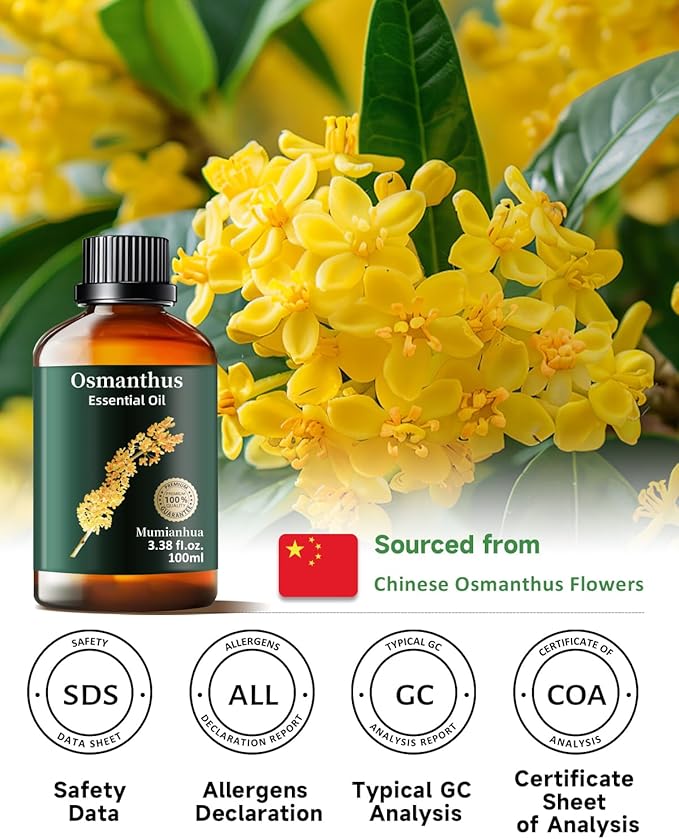 Pure Osmanthus Essential Oil, Mumianhua Natural Osmanthus Oil for Diffuser, Skin, Air Purifier,Candle Making, Massage, Relaxation, Evening Luxury, Garden Elegance, Home Fragrance 3.38 Fl Oz
