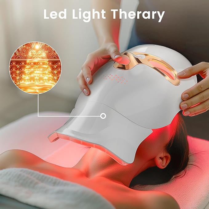 Red Light Therapy Mask for Face & Neck, LED Face Light Therapy,USB C Rechargeable,Infrared Mask for Home Working Travel Yoga (White Gold)