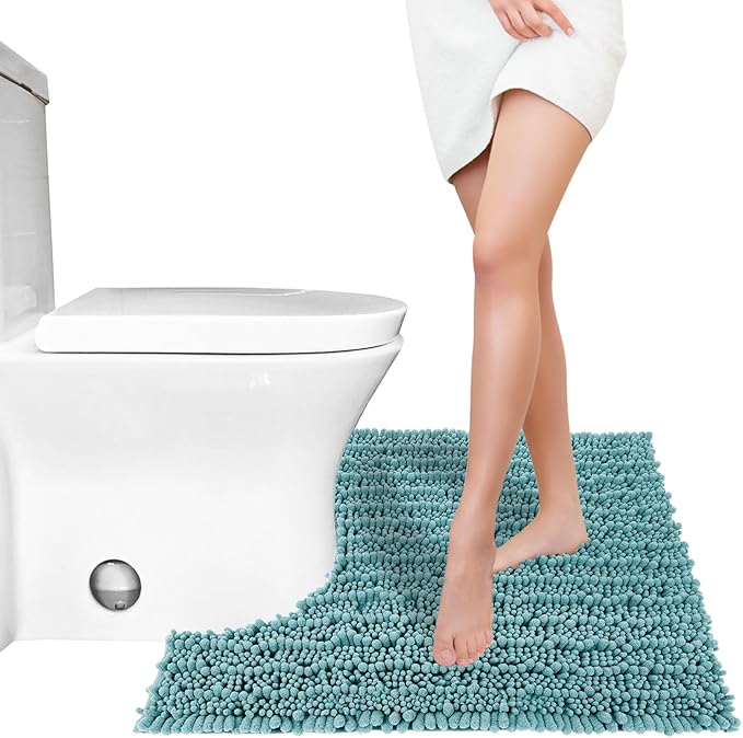 Yimobra Toilet Rug U Shaped Washable 24x20 Inch - Ultra Soft Absorbent Chenille Bath Rugs for Toilet, Quick Dry & Machine Washable, Non Slip Contour Bathroom Mat, Teal Blue