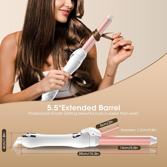 Rotating Automatic Curling Iron for Waves-Curling Wand for Long Hair, Extra Long Barrel Ceramic Hair Curler for Women,Dual Voltage, 5 Temps & 30s Heat-up (Rose Gold, 1 inch)