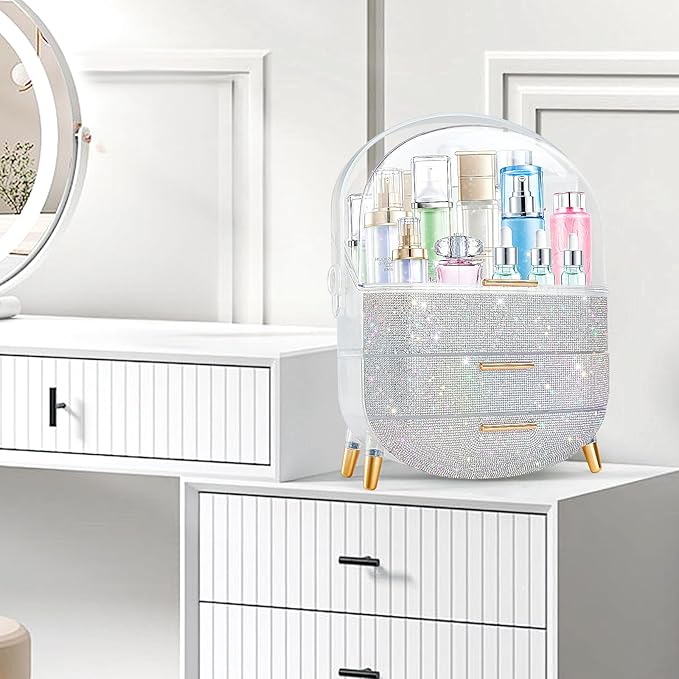Teen Girls Gift Makeup Organizer, Skincare & Jewelry Storage, Cosmetics Display Case, Makeup Holder, Bathroom Organizer (Bling Rhinestone)